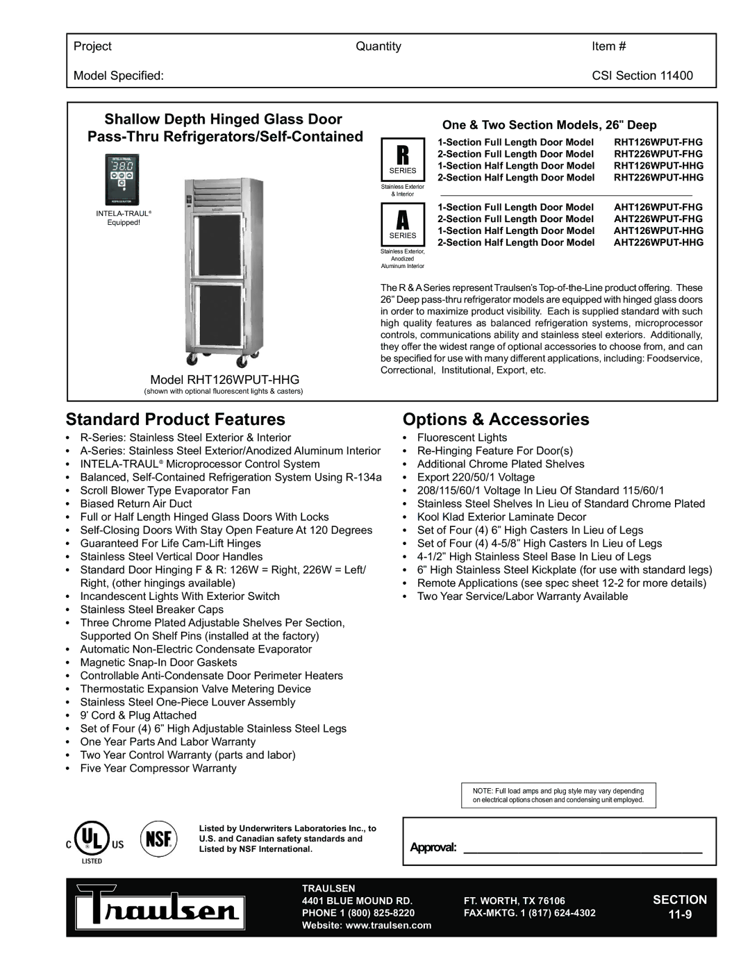 Traulsen RHT126WPUT-HHG warranty Standard Product Features, Options & Accessories, Pass-Thru Refrigerators/Self-Contained 