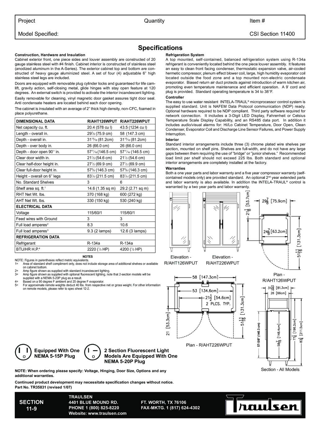 Traulsen RHT126WPUT-HHG warranty Specifications, Dimensional Data, AHT226WPUT, Electrical Data, Refrigeration Data 