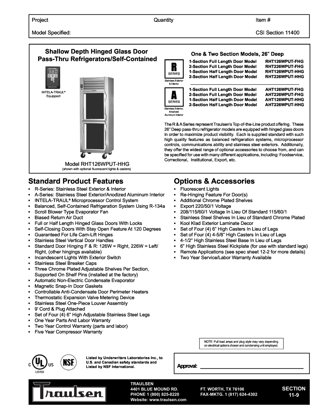 Traulsen RHT126WPUT-HHG warranty Pass-Thru Refrigerators/Self-Contained, Project, Quantity, Item #, Model Specified, 11-9 