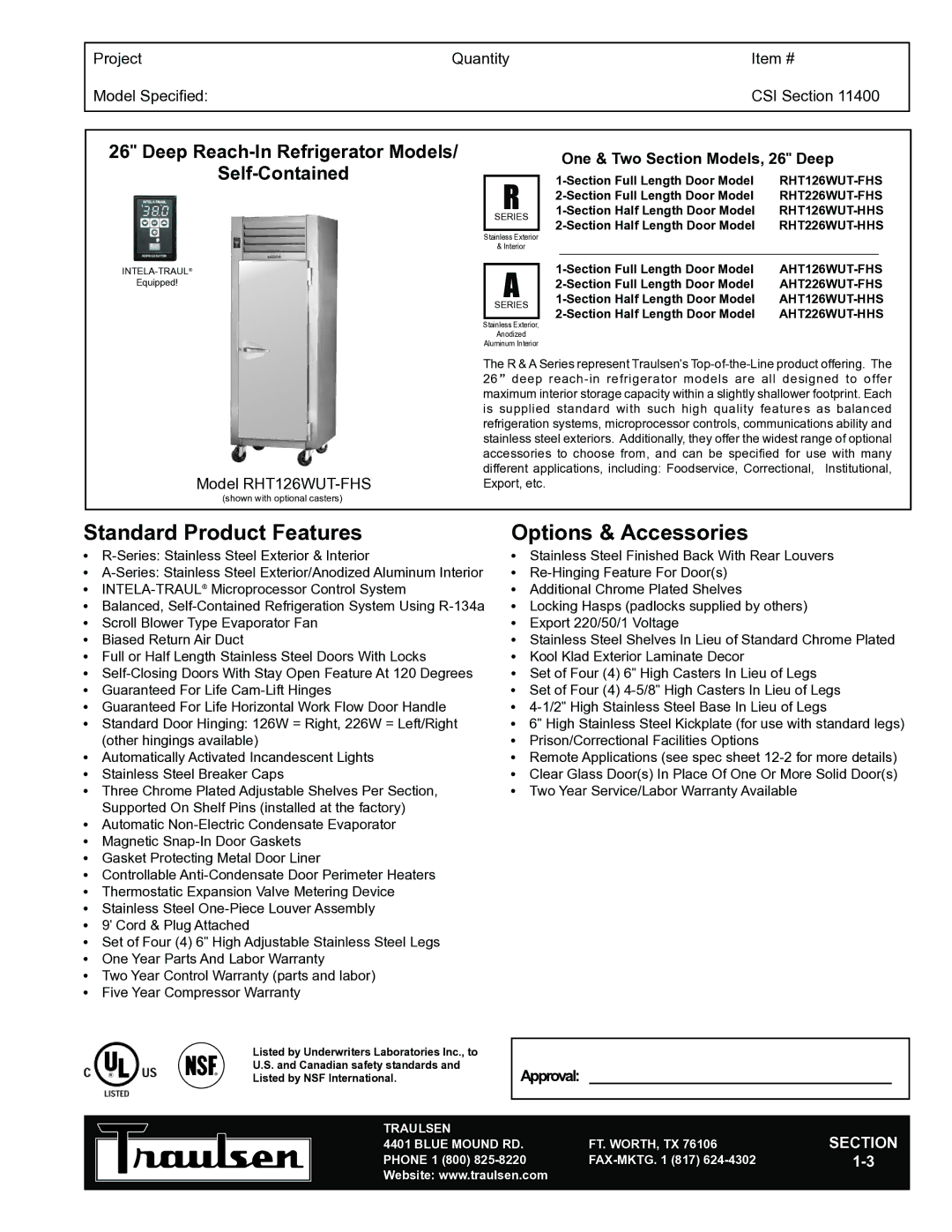 Traulsen RHT126WUT-FHS warranty Standard Product Features, Options & Accessories, Deep Reach-In Refrigerator Models 