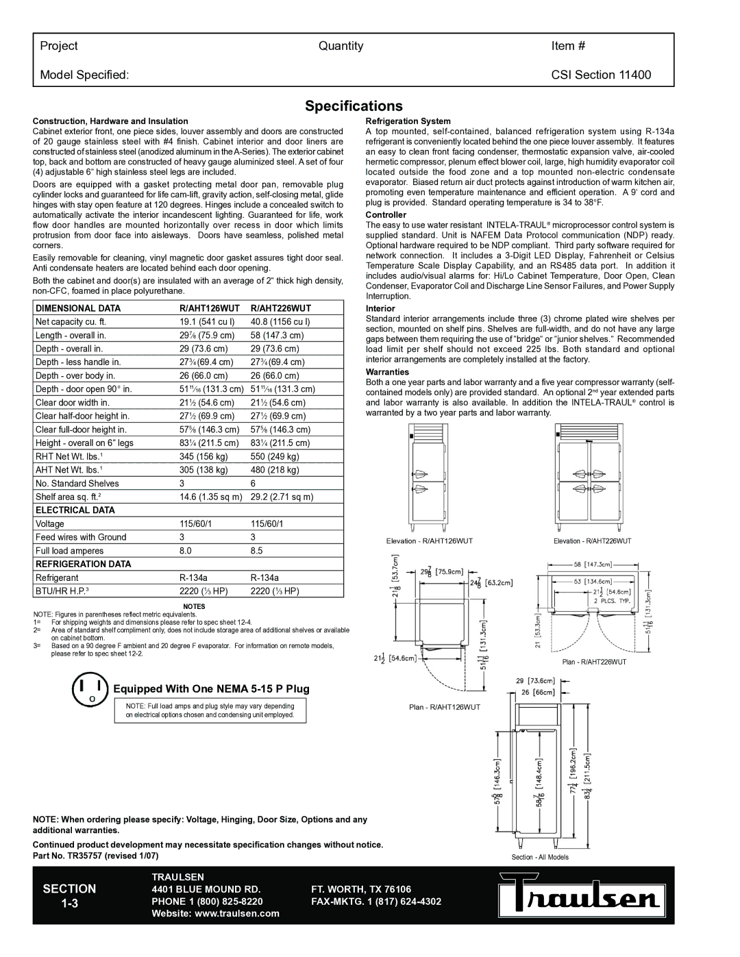 Traulsen RHT126WUT-FHS warranty Specifications, Dimensional Data AHT126WUT AHT226WUT, Electrical Data, Refrigeration Data 