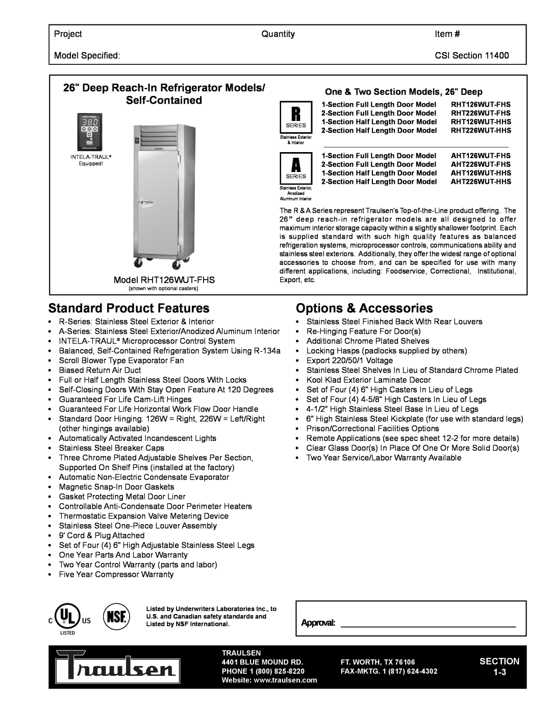 Traulsen RHT126WUT-FHS warranty Deep Reach-InRefrigerator Models, Project, Quantity, Item #, Model Specified, CSI Section 