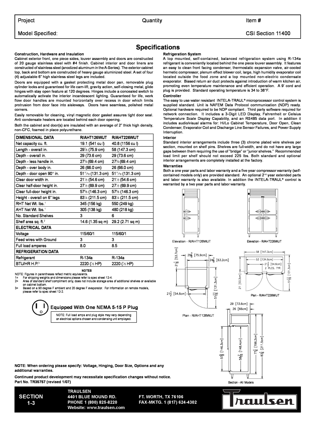Traulsen RHT126WUT-FHS Specifications, Project, Quantity, Item #, Model Specified, CSI Section, Traulsen, Blue Mound Rd 