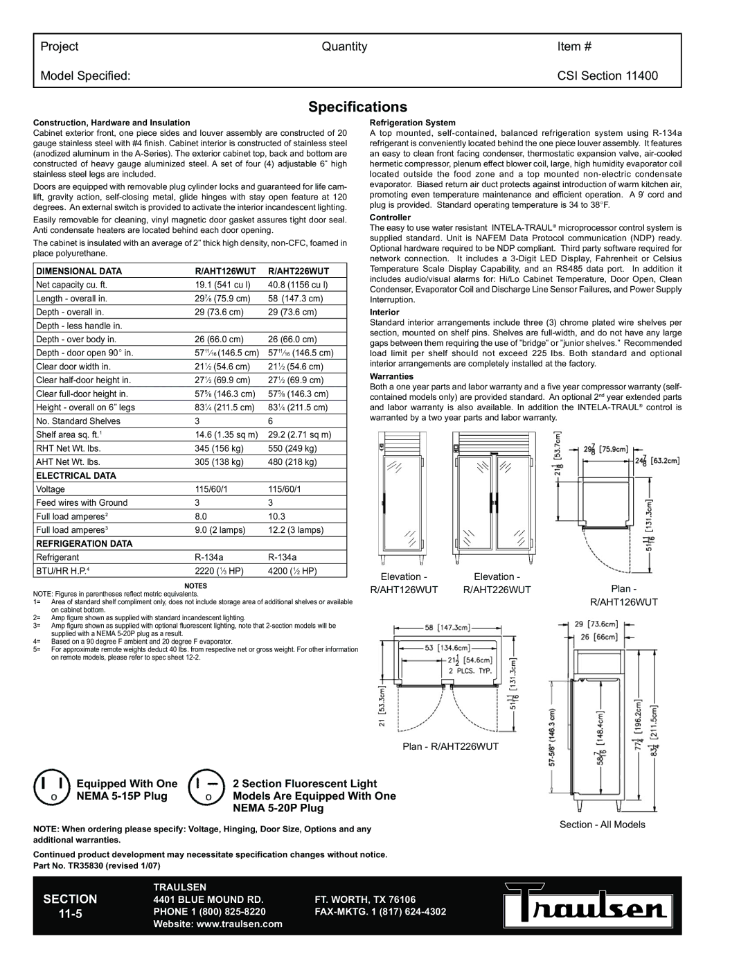 Traulsen RHT126WUT-HHG warranty Specifications, Dimensional Data AHT126WUT AHT226WUT, Electrical Data, Refrigeration Data 