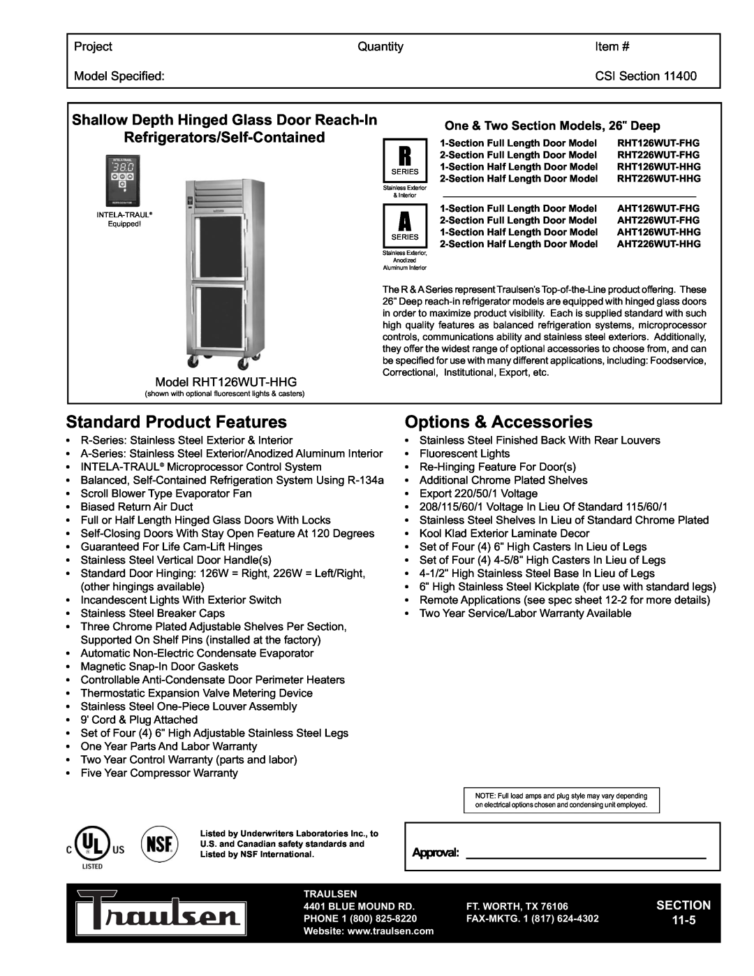 Traulsen RHT126WUT-HHG warranty Refrigerators/Self-Contained, Project, Quantity, Item #, Model Specified, CSI Section 