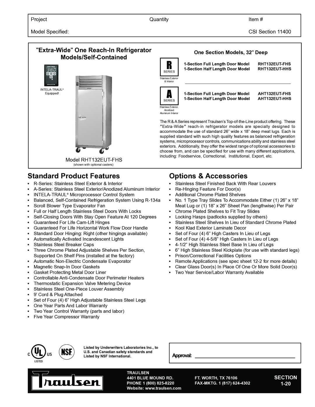 Traulsen RHT132EUT-FHS warranty Extra-WideOne Reach-In Refrigerator, Models/Self-Contained 