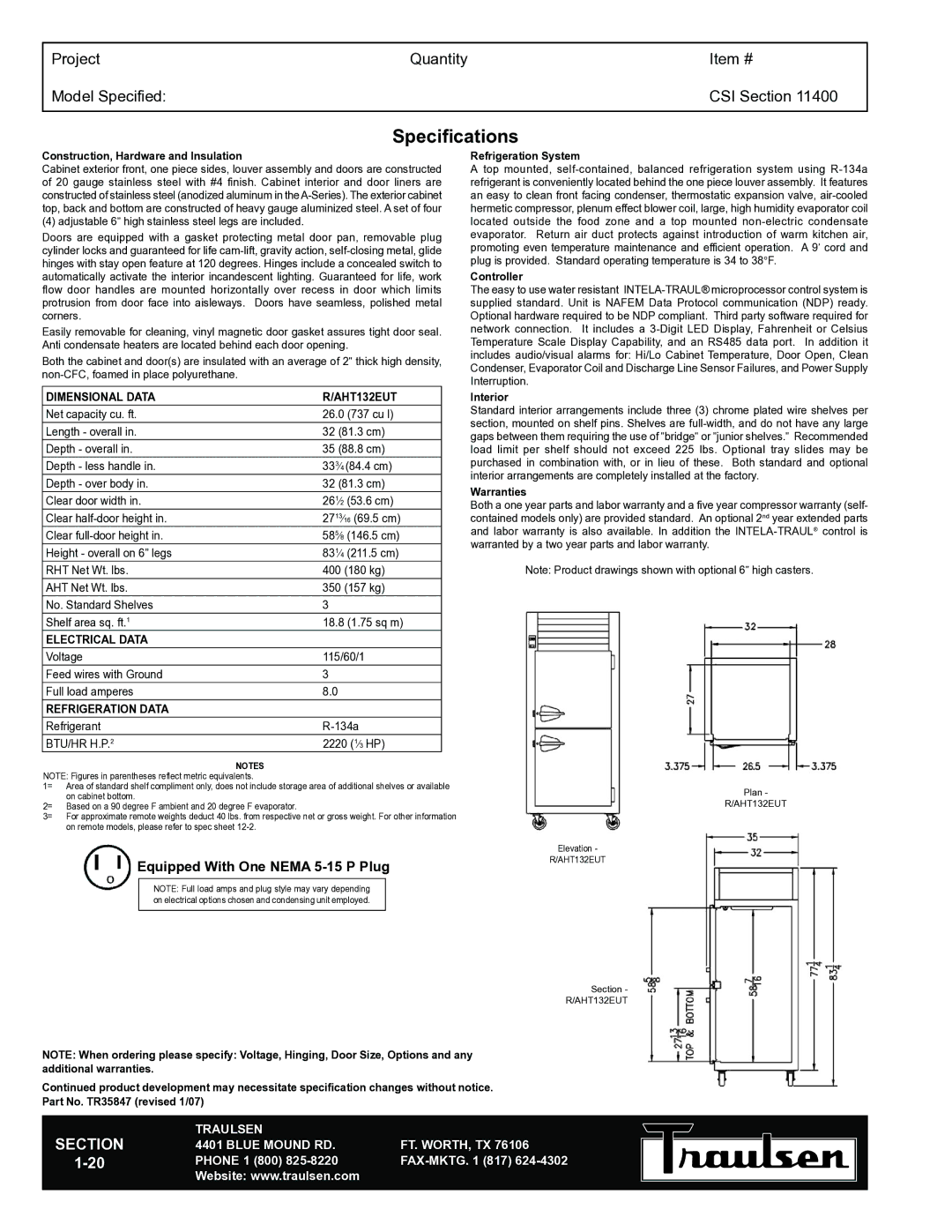 Traulsen RHT132EUT-FHS warranty Specifications, Dimensional Data AHT132EUT, Electrical Data, Refrigeration Data 