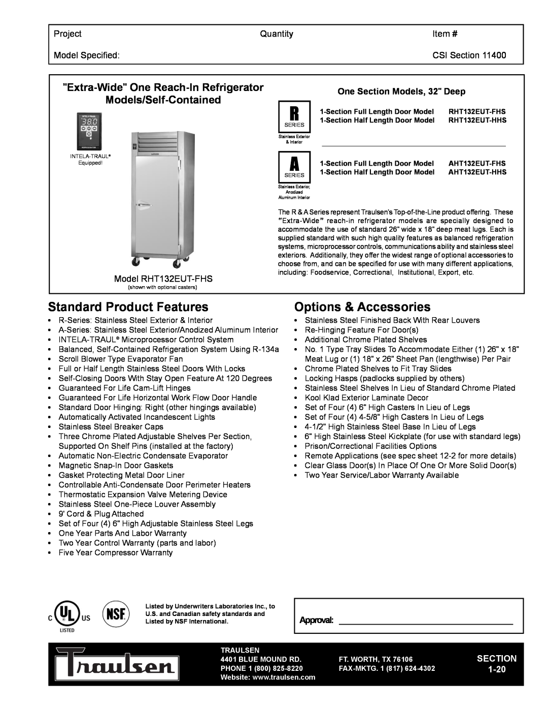 Traulsen RHT132EUT-FHS warranty Extra-Wide One Reach-InRefrigerator, Models/Self-Contained, Project, Quantity, Item # 