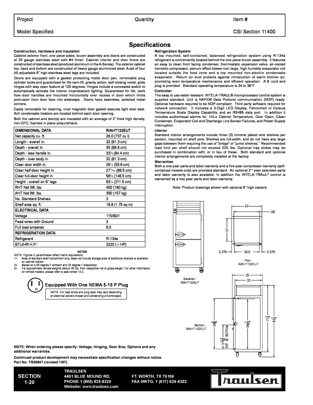Traulsen RHT132EUT-FHS Specifications, Project, Quantity, Item #, Model Specified, CSI Section, 1-20, Traulsen, Phone 