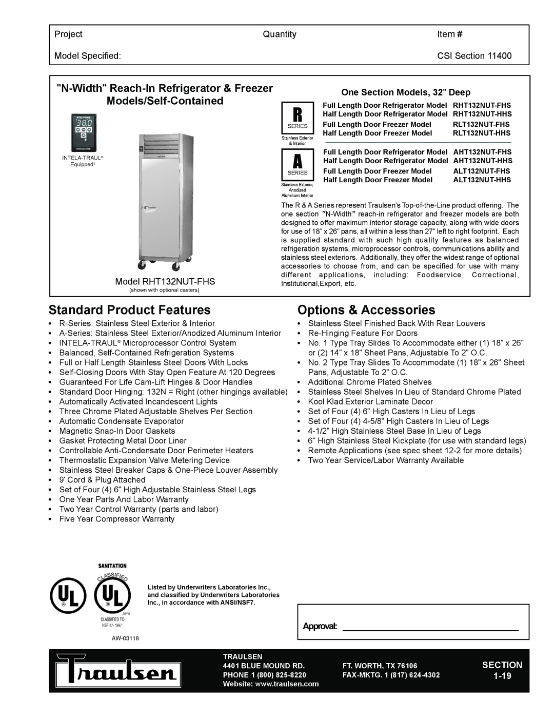 Traulsen RHT132NUT-FHS warranty Width Reach-In Refrigerator & Freezer, Models/Self-Contained 