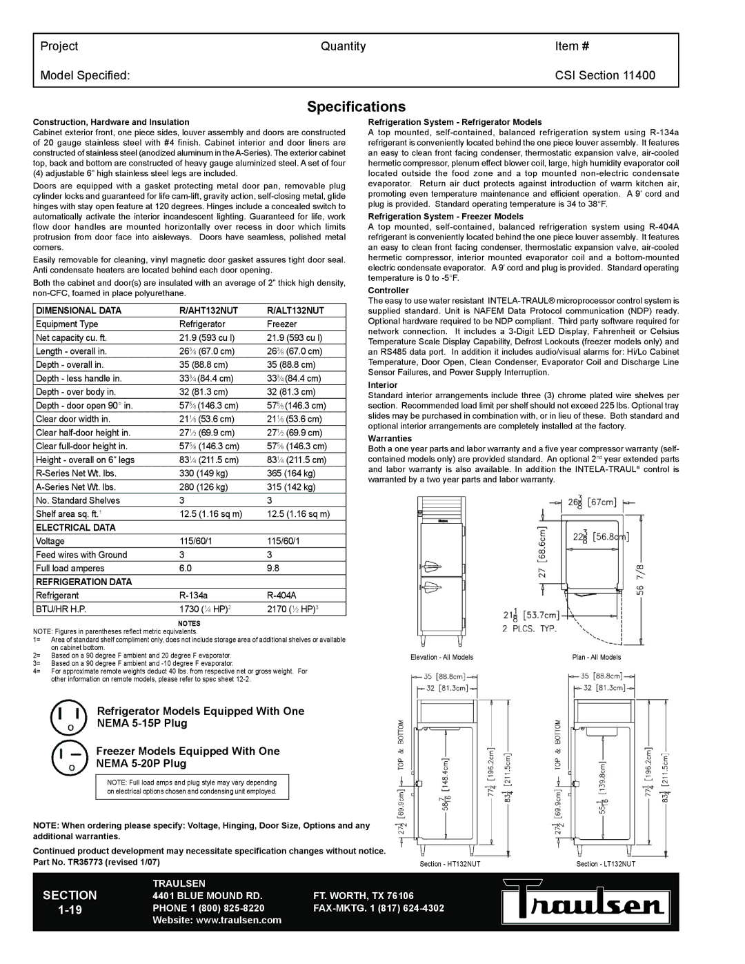 Traulsen RHT132NUT-FHS warranty Specifications, Dimensional Data AHT132NUT ALT132NUT, Electrical Data, Refrigeration Data 