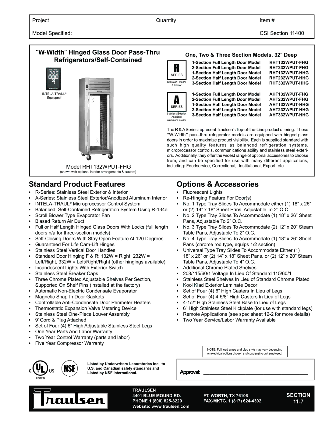 Traulsen RHT132WPUT-FHG warranty Standard Product Features, Options & Accessories, Width Hinged Glass Door Pass-Thru 