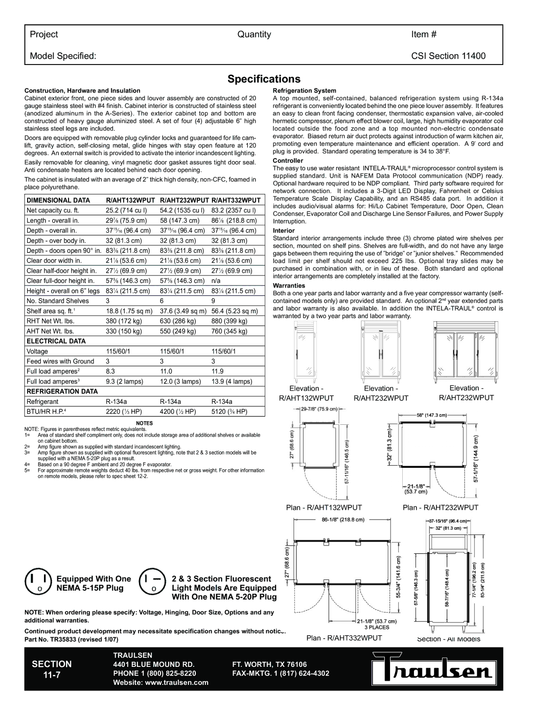 Traulsen RHT132WPUT-FHG warranty Specifications, Dimensional Data, AHT332WPUT, Electrical Data, Refrigeration Data 