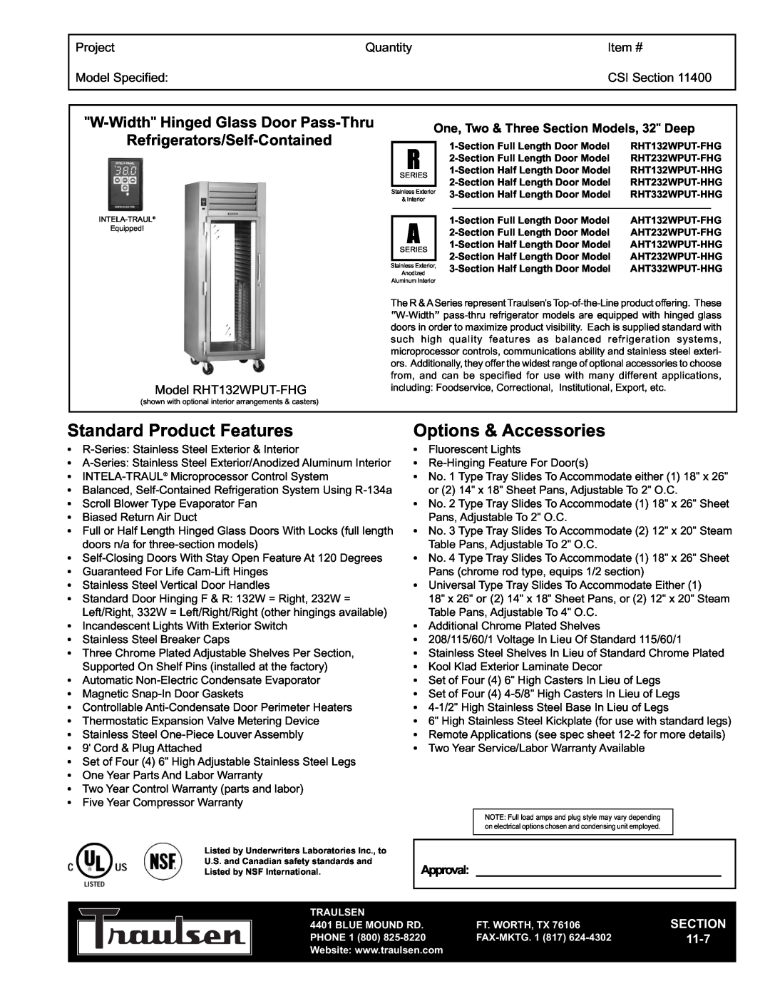 Traulsen RHT132WPUT-FHG warranty W-Width Hinged Glass Door Pass-Thru, Refrigerators/Self-Contained, Project, Quantity 
