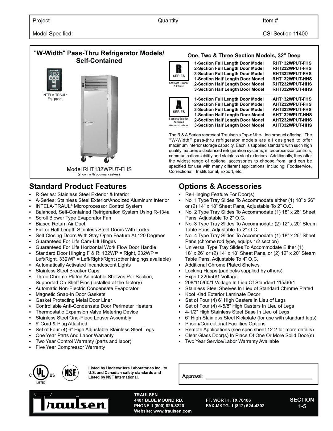 Traulsen RHT132WPUT-FHS warranty Standard Product Features, Options & Accessories, Width Pass-Thru Refrigerator Models 