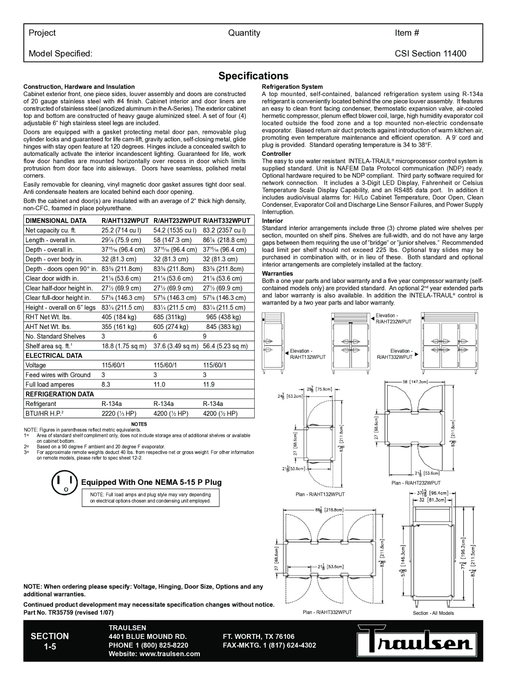 Traulsen RHT132WPUT-FHS warranty Specifications, Dimensional Data, AHT332WPUT, Electrical Data, Refrigeration Data 