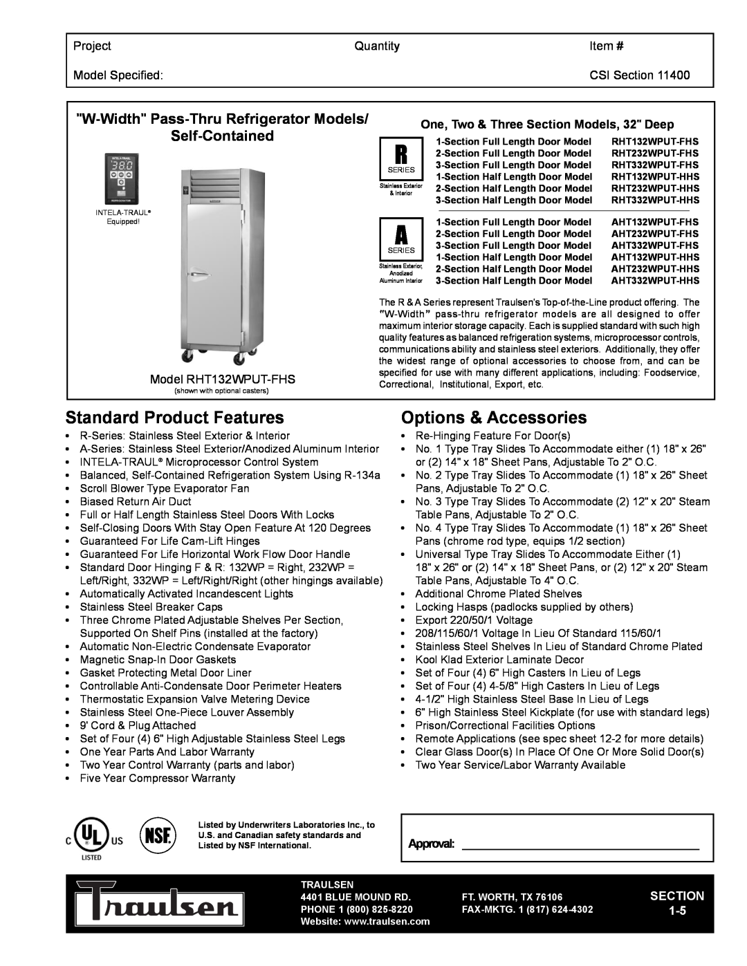 Traulsen RHT132WPUT-FHS warranty W-Width Pass-ThruRefrigerator Models, Project, Quantity, Item #, Model Specified, Section 