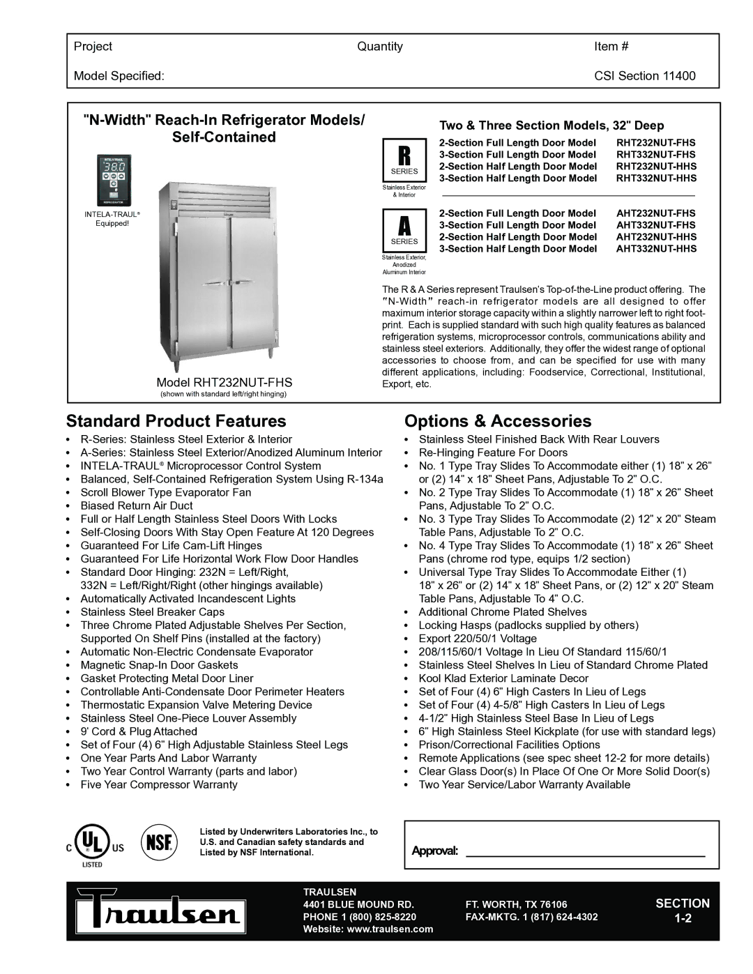 Traulsen RHT232NUT-FHS warranty Standard Product Features, Options & Accessories, Width Reach-In Refrigerator Models 