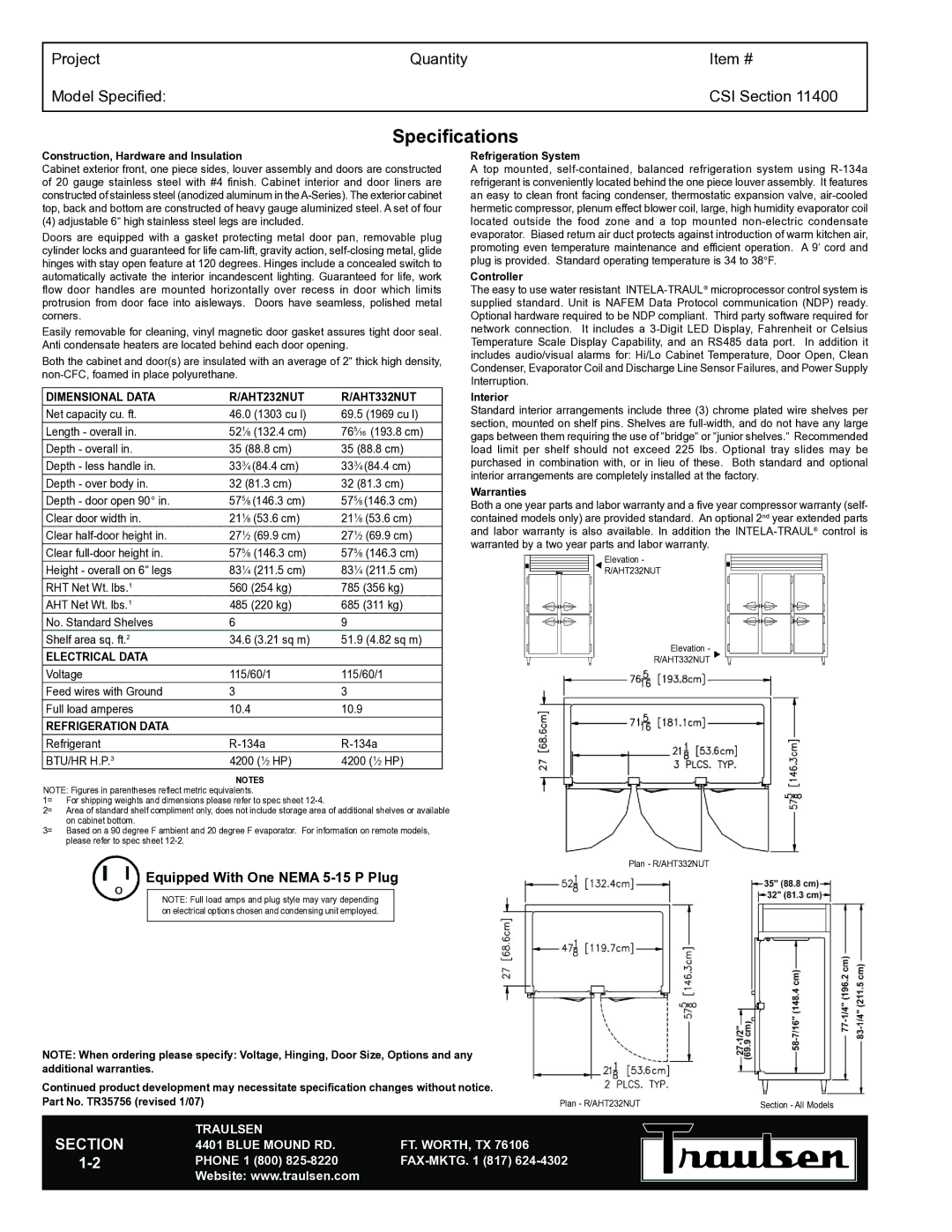 Traulsen RHT232NUT-FHS warranty Specifications, Dimensional Data AHT232NUT AHT332NUT, Electrical Data, Refrigeration Data 