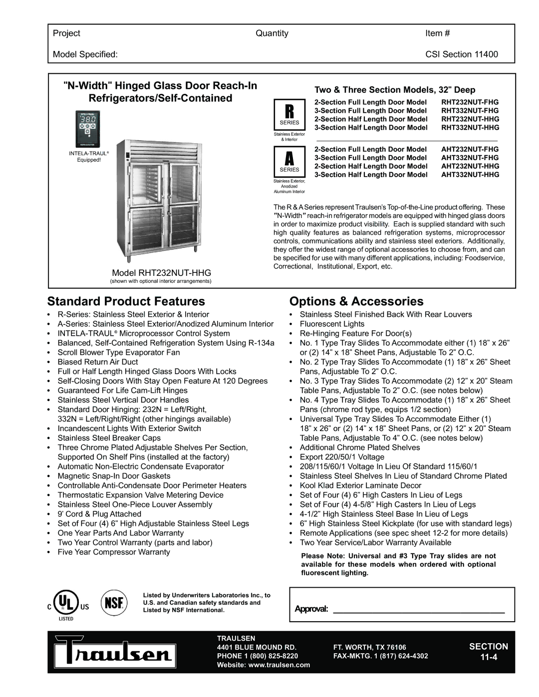 Traulsen RHT232NUT-HHG warranty Standard Product Features, Options & Accessories, Width Hinged Glass Door Reach-In 