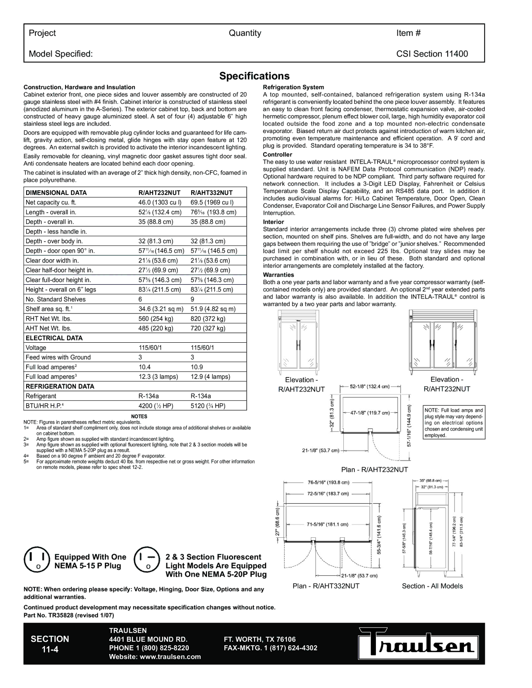 Traulsen RHT232NUT-HHG warranty Specifications, Dimensional Data AHT232NUT AHT332NUT, Electrical Data, Refrigeration Data 