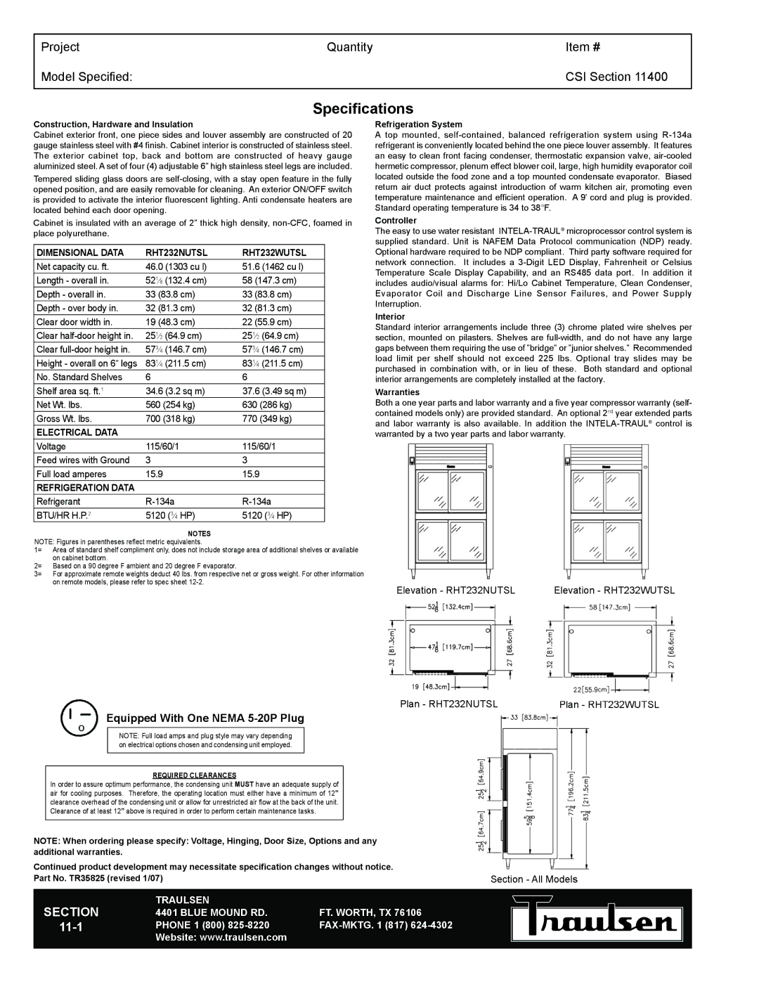 Traulsen RHT232NUT-FSL, RHT232WUT-FSL, RHT232WUT-HSL warranty Dimensional Data RHT232NUTSL RHT232WUTSL, Electrical Data 