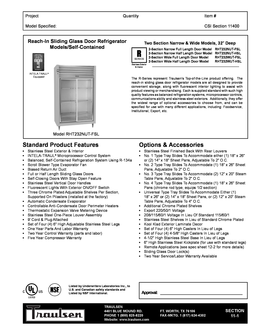 Traulsen RHT232WUT-HSL warranty Reach-InSliding Glass Door Refrigerator, Models/Self-Contained, Project, Quantity, Item # 