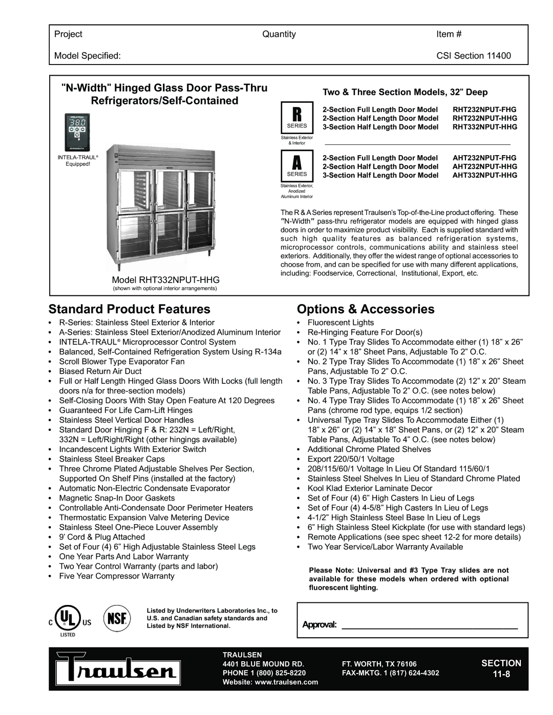 Traulsen RHT232NPUT-HHG warranty Standard Product Features, Options & Accessories, Refrigerators/Self-Contained 