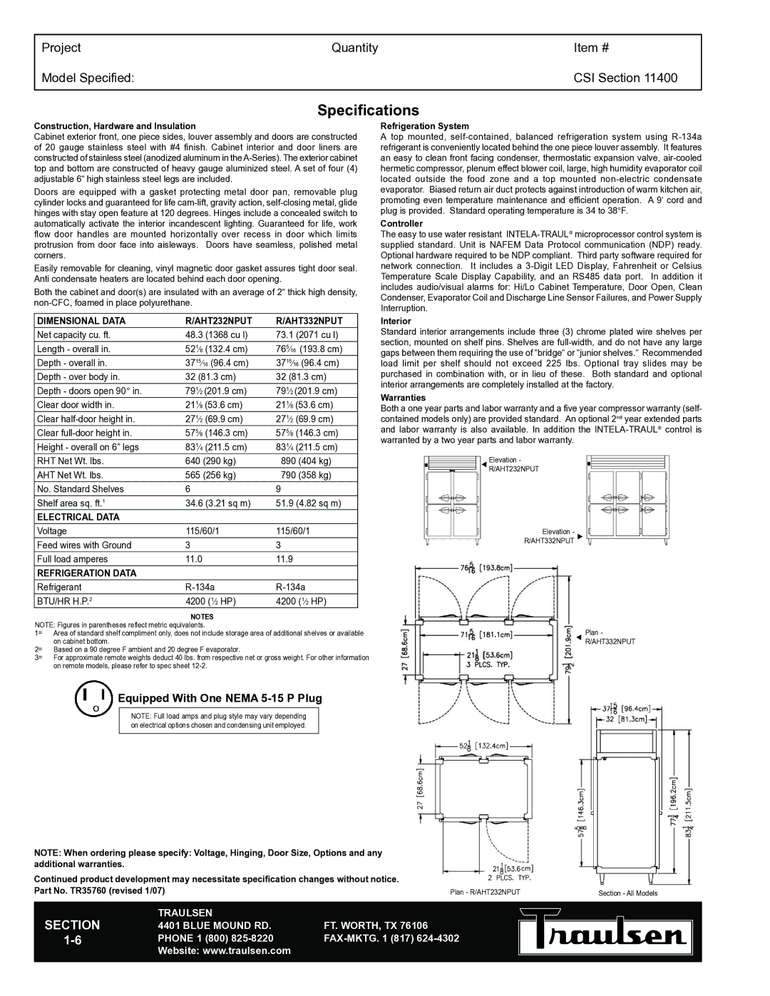 Traulsen RHT232NPUT-HHS Specifications, Dimensional Data AHT232NPUT AHT332NPUT, Electrical Data, Refrigeration Data 