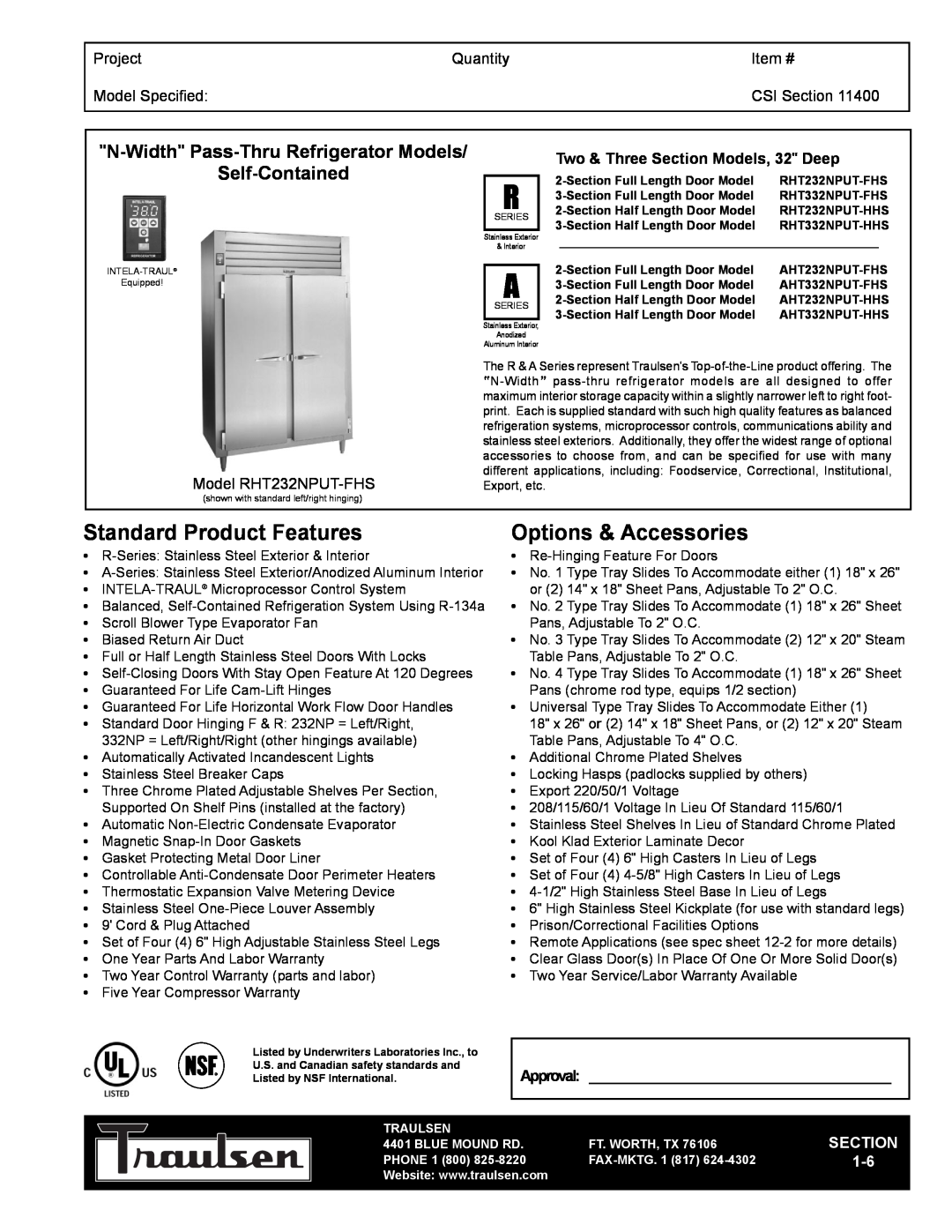Traulsen RHT332NPUT-FHS warranty N-Width Pass-ThruRefrigerator Models, Project, Quantity, Item #, Model Specified, Section 