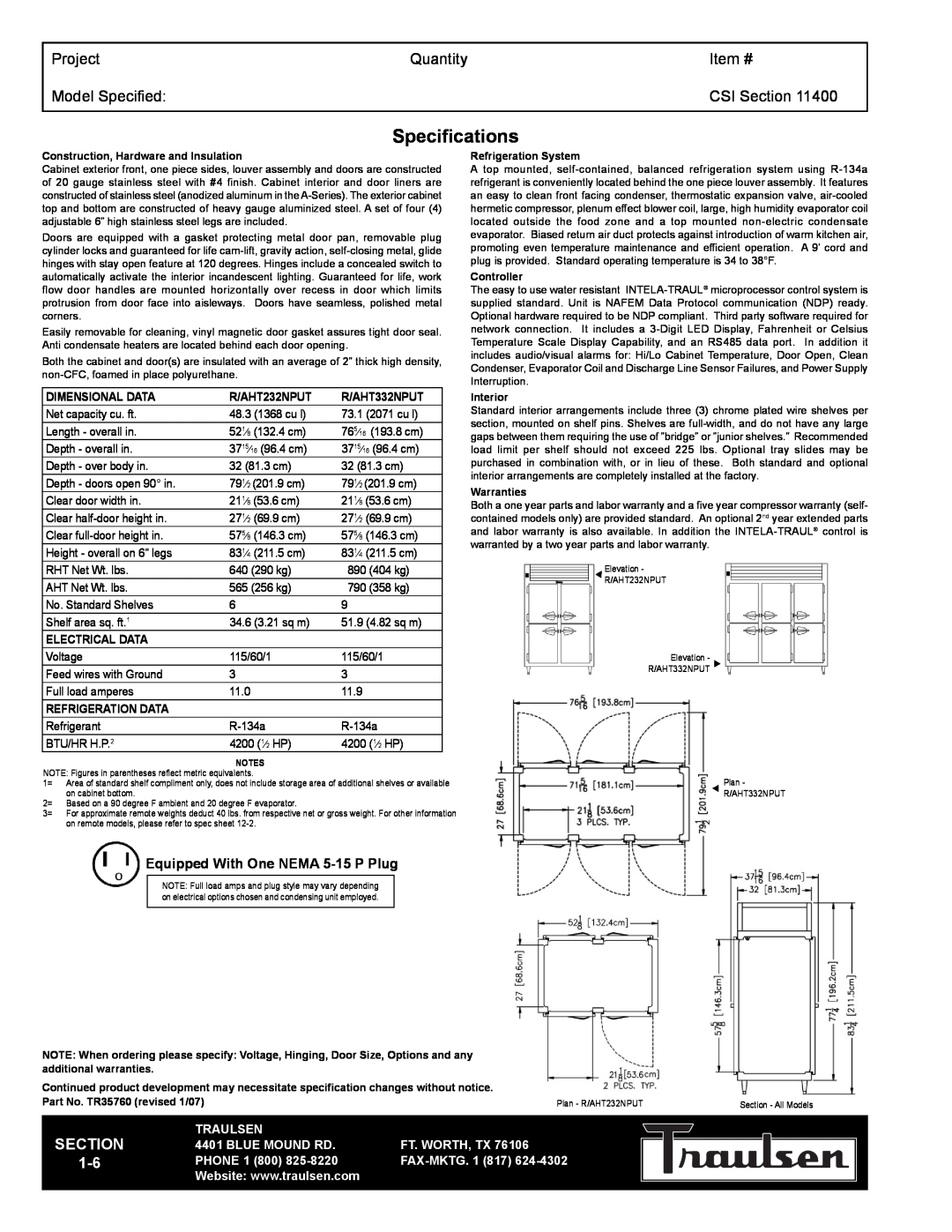 Traulsen RHT232NPUT-HHS Specifications, Project, Quantity, Item #, Model Specified, CSI Section, Traulsen, Blue Mound Rd 
