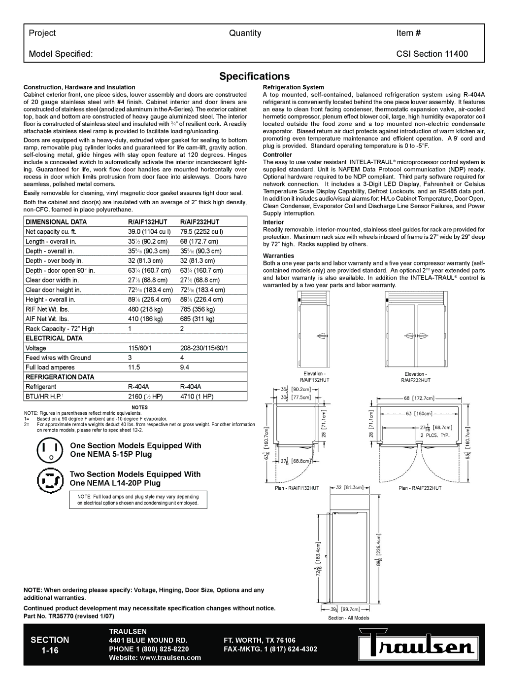 Traulsen AIF132HUT-FHS warranty Specifications, Dimensional Data AIF132HUT AIF232HUT, Electrical Data, Refrigeration Data 