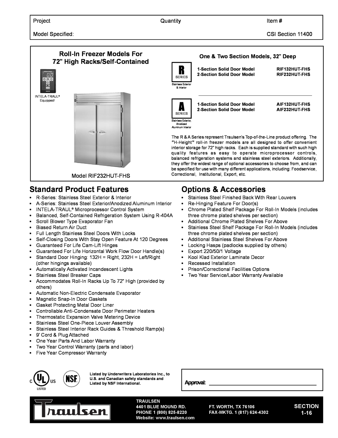 Traulsen RIF132HUT-FHS warranty Roll-InFreezer Models For, Project, Quantity, Item #, Model Specified, CSI Section, 1-16 