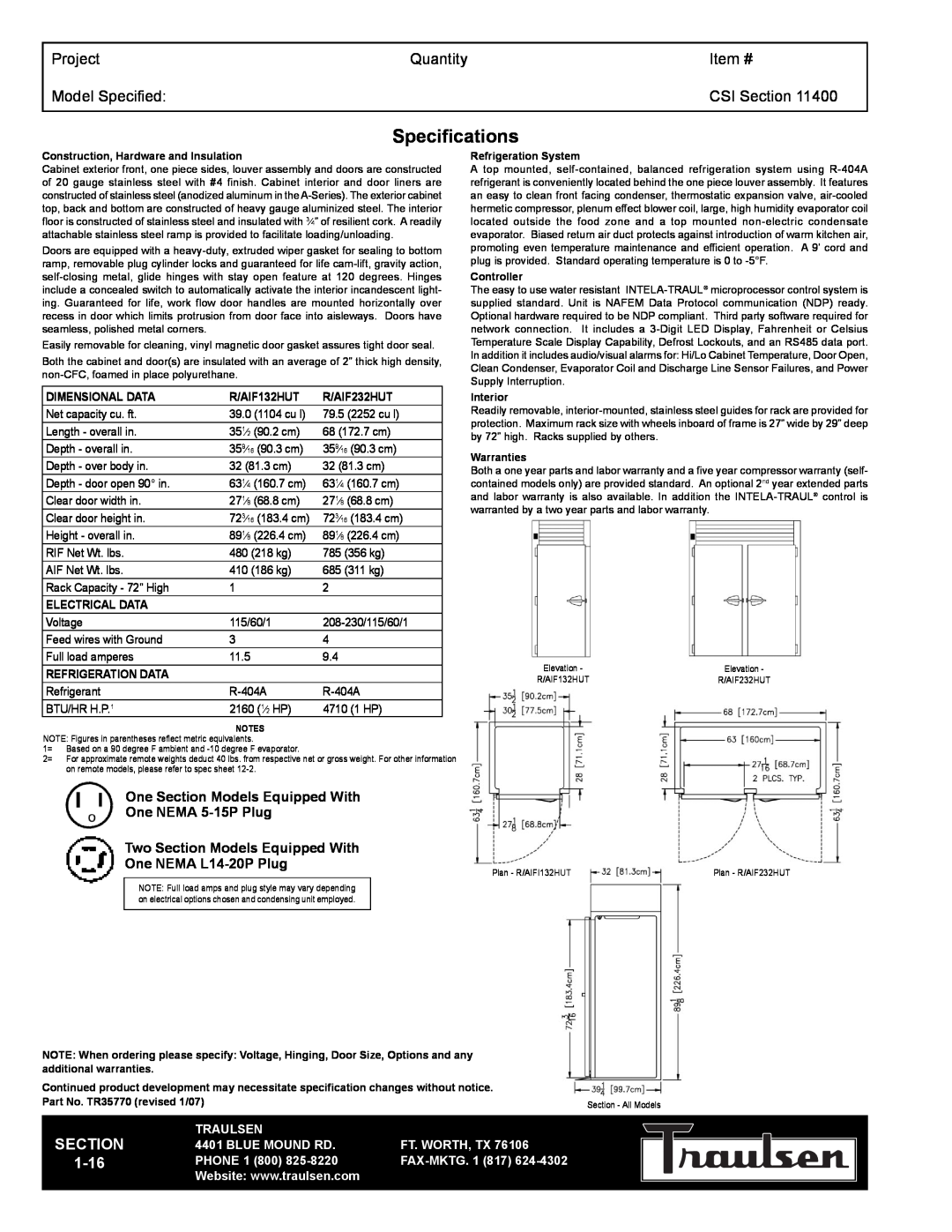 Traulsen AIF132HUT-FHS Specifications, Project, Quantity, Item #, Model Specified, CSI Section, 1-16, One NEMA 5-15PPlug 