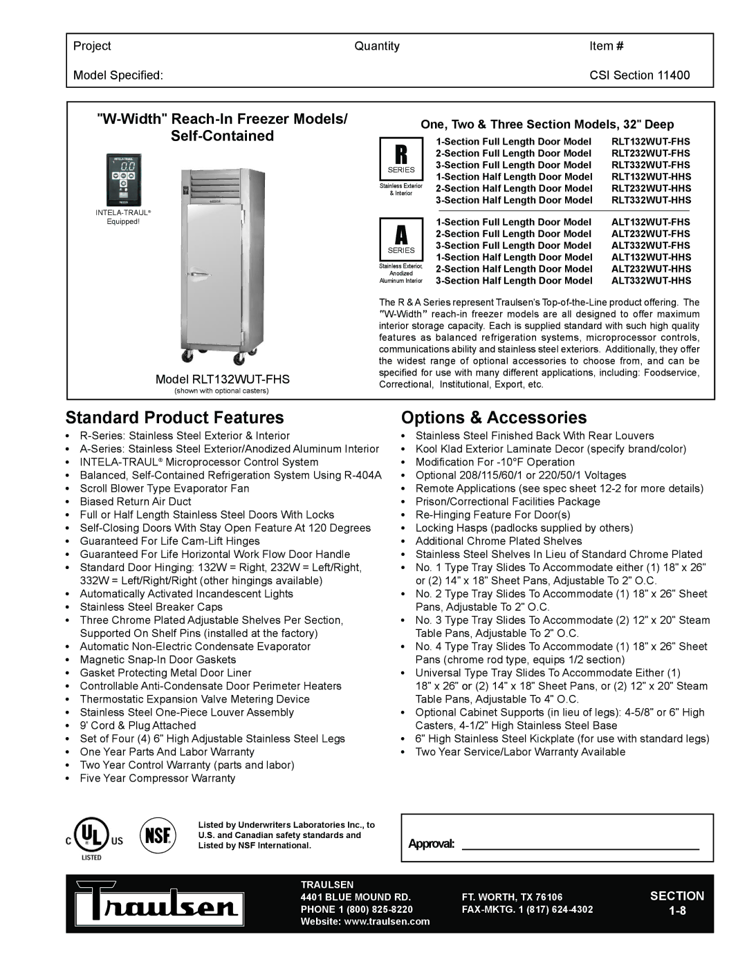 Traulsen RLT132WUT-FHS warranty Standard Product Features, Options & Accessories, Width Reach-In Freezer Models 