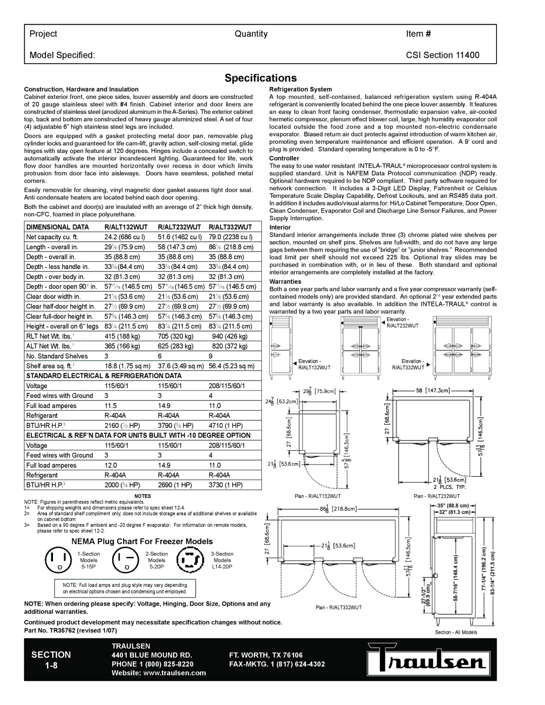 Traulsen RLT132WUT-FHS warranty Specifications, Dimensional Data ALT132WUT ALT232WUT ALT332WUT 