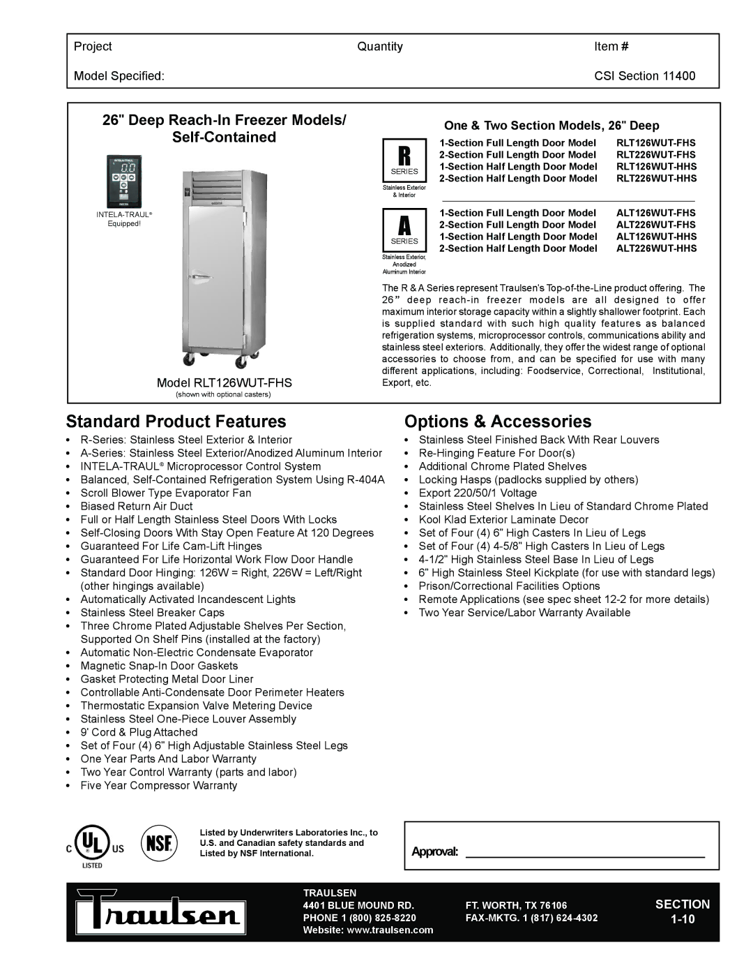 Traulsen ALT126WUT-HHS, RLT226WUT-HHS, RLT226WUT-FHS warranty Standard Product Features, Options & Accessories 