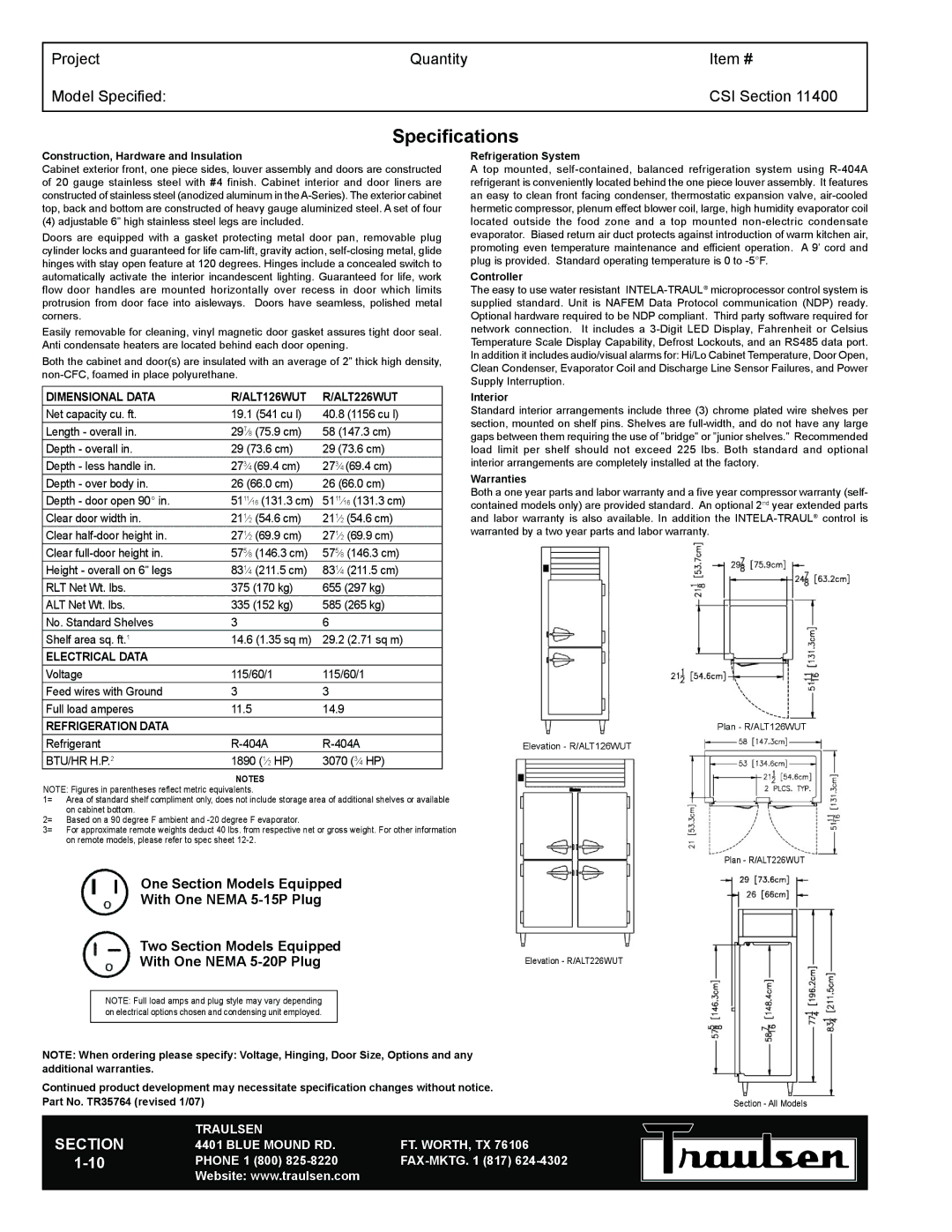 Traulsen RLT226WUT-FHS, RLT226WUT-HHS warranty Dimensional Data ALT126WUT ALT226WUT, Electrical Data, Refrigeration Data 