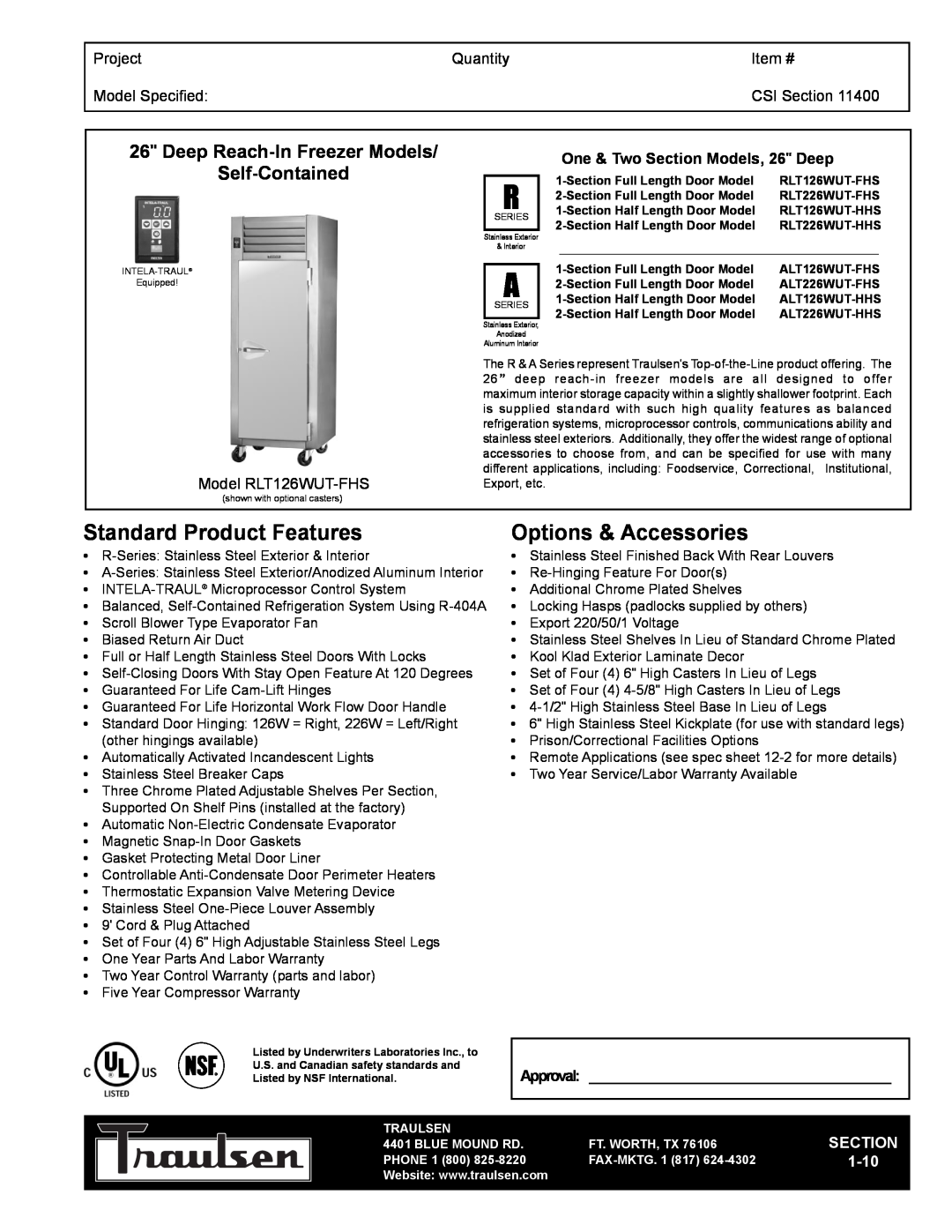 Traulsen ALT126WUT-HHS warranty Project, Quantity, Item #, Model Specified, CSI Section, 1-10, Standard Product Features 