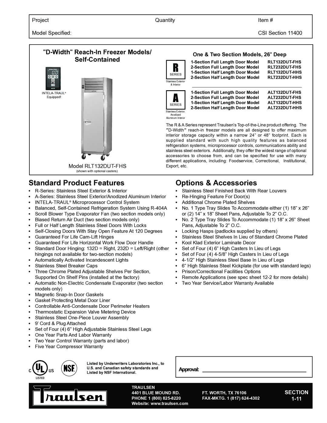 Traulsen RLT132DUT-HHS, RLT232DUT-HHS, RLT232DUT-FHS warranty Standard Product Features, Options & Accessories 