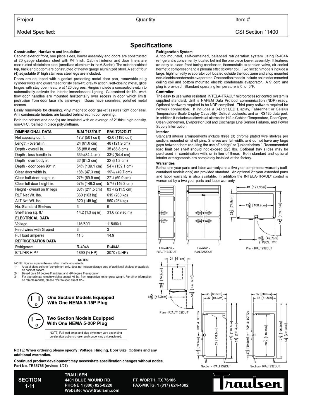 Traulsen RLT232DUT-FHS, RLT232DUT-HHS warranty Dimensional Data ALT132DUT ALT232DUT, Electrical Data, Refrigeration Data 