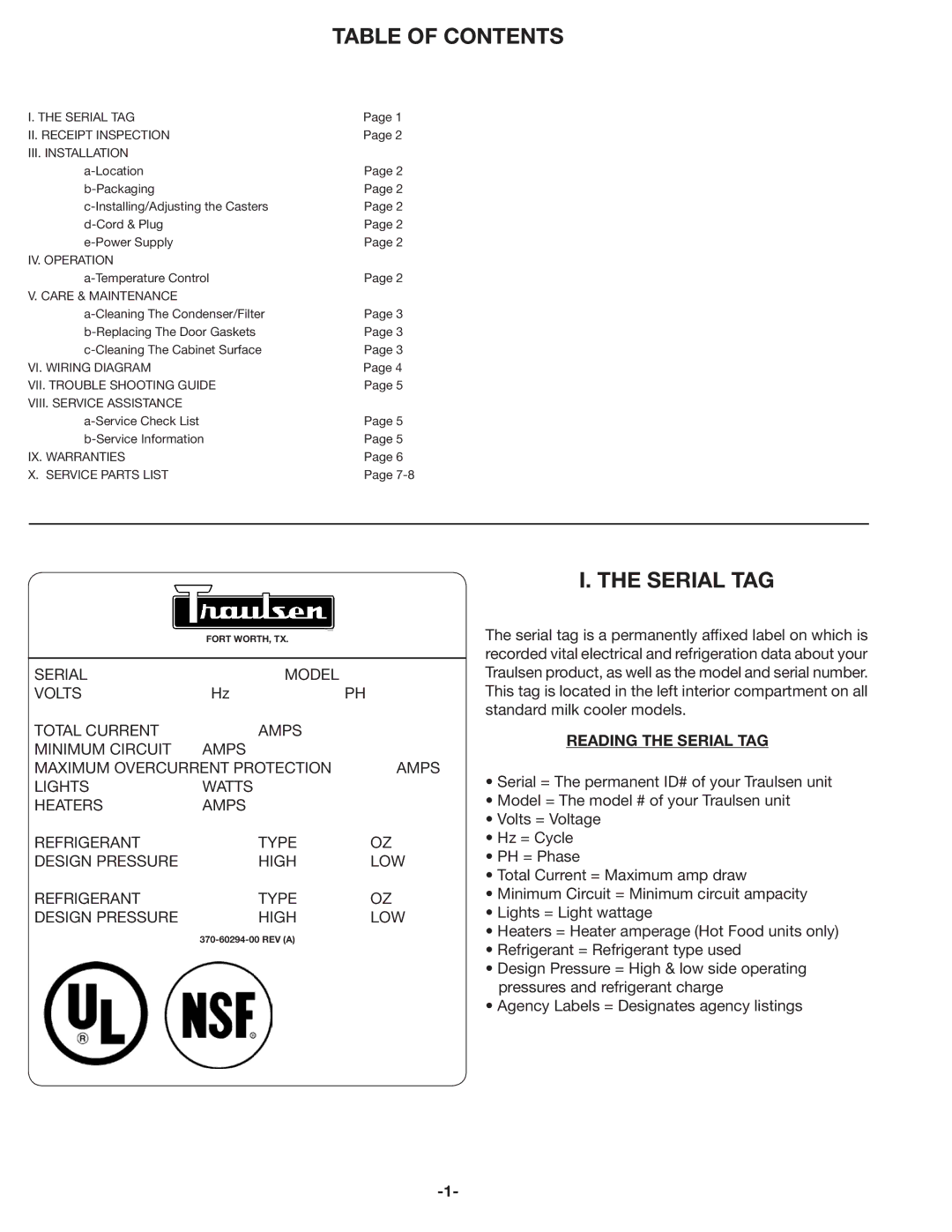 Traulsen RMC49, RMC34, RMC58 owner manual Table of Contents, Serial TAG 