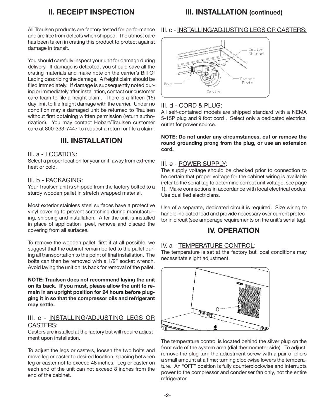 Traulsen RMC34, RMC58, RMC49 owner manual II. Receipt Inspection, III. Installation, IV. Operation 