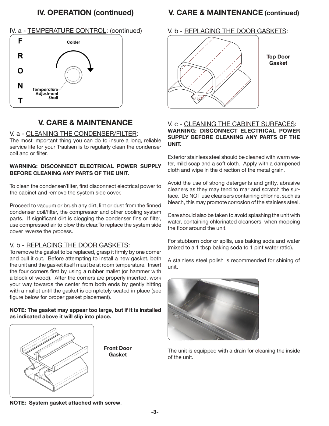 Traulsen RMC58, RMC34, RMC49 owner manual Care & Maintenance, Cleaning the CONDENSER/FILTER, Replacing the Door Gaskets 