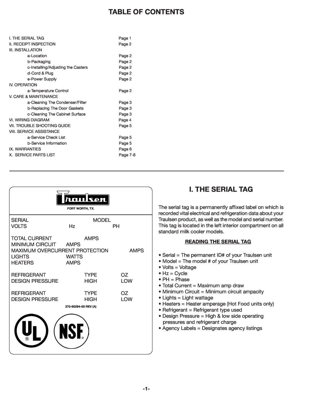 Traulsen RMC49, RMC34, RMC58 owner manual Table Of Contents, I. The Serial Tag, Reading The Serial Tag 