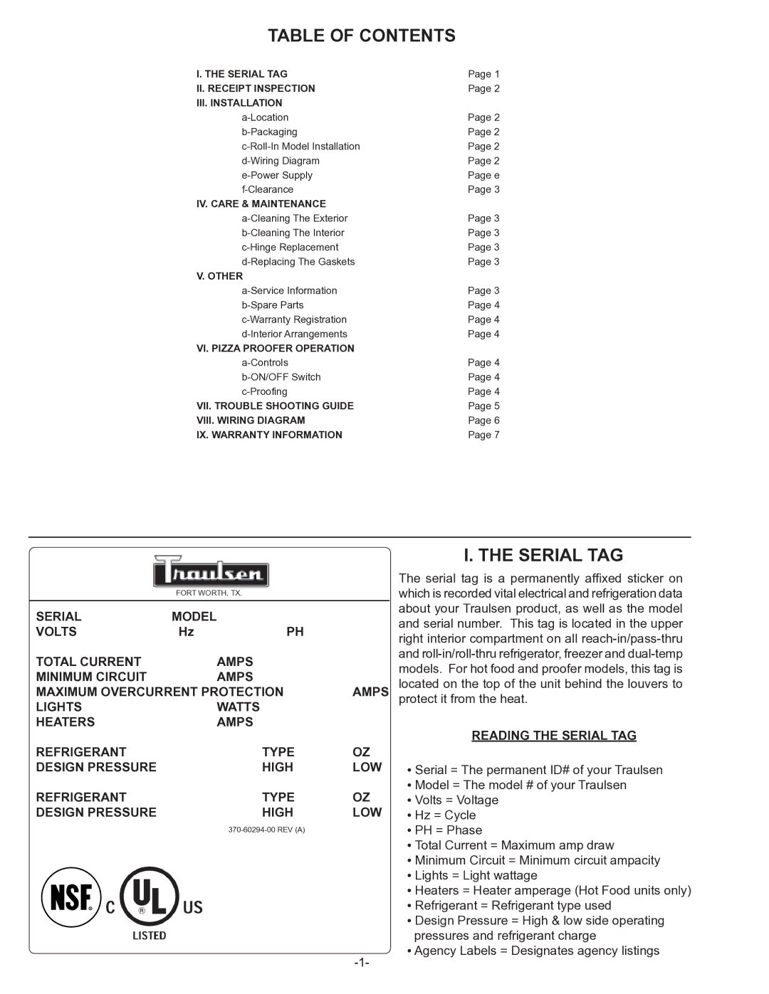 Traulsen RPP232L-FHS owner manual Table of Contents, Serial TAG 