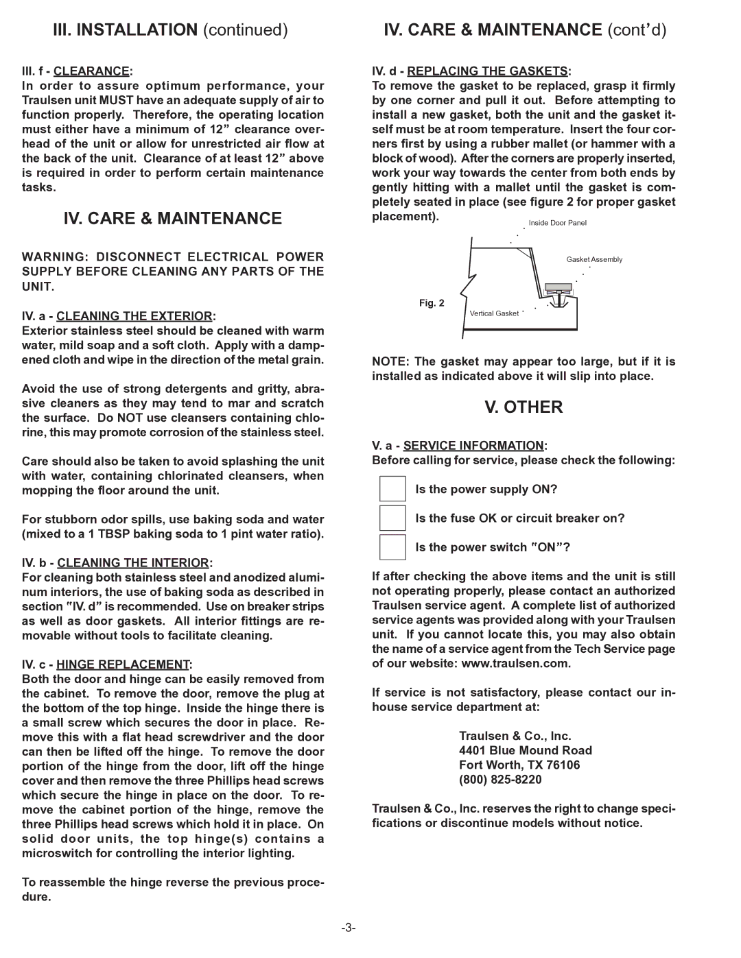 Traulsen RPP232L-FHS owner manual Other, IV. Care & Maintenance cont’d 