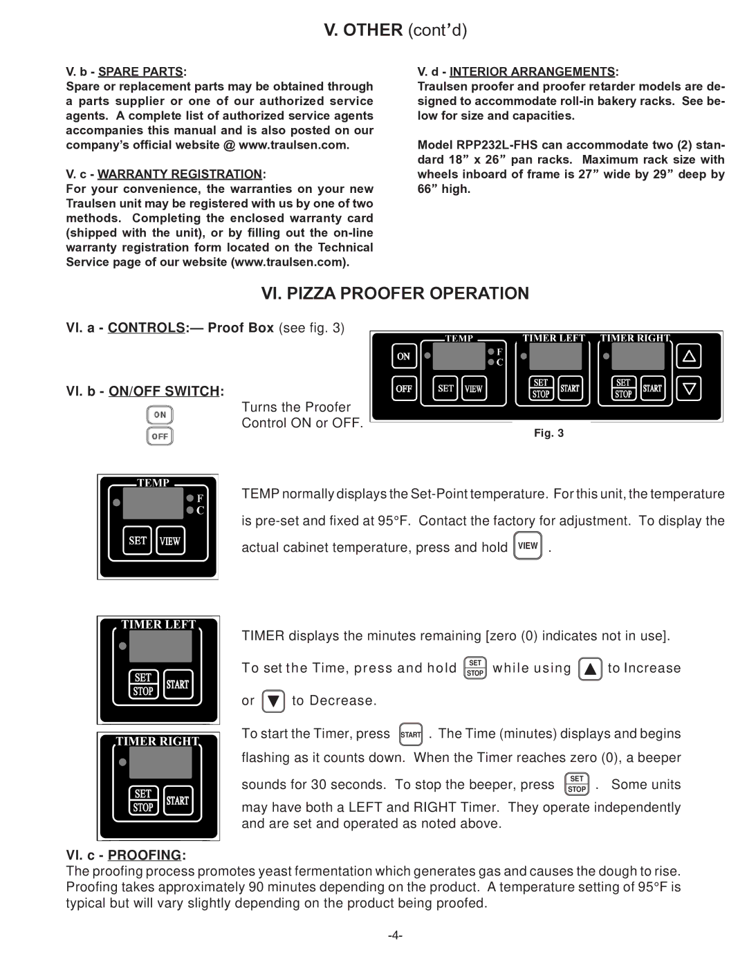 Traulsen RPP232L-FHS owner manual Other cont’d, VI. Pizza Proofer Operation 