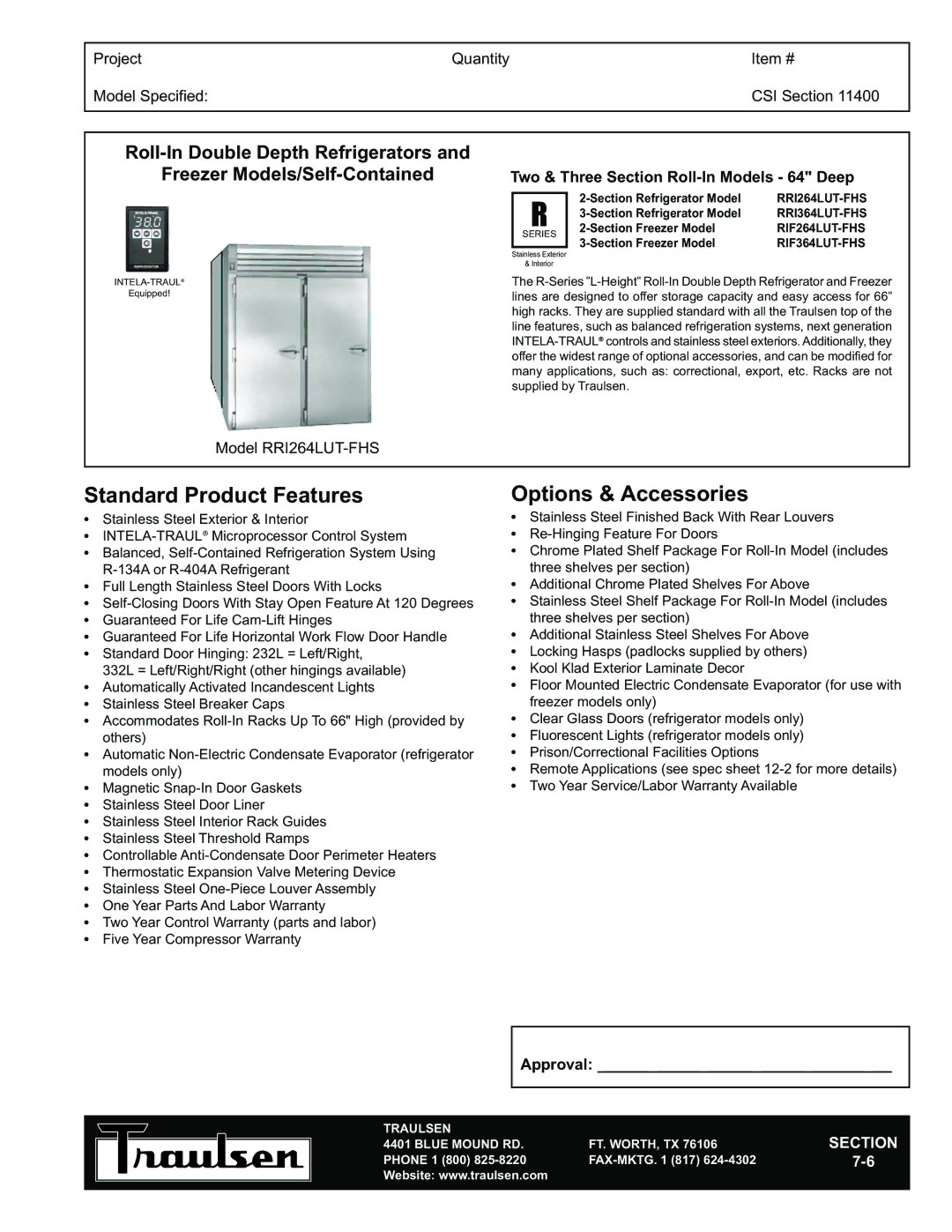 Traulsen RR1264LUT-FHS warranty Standard Product Features 