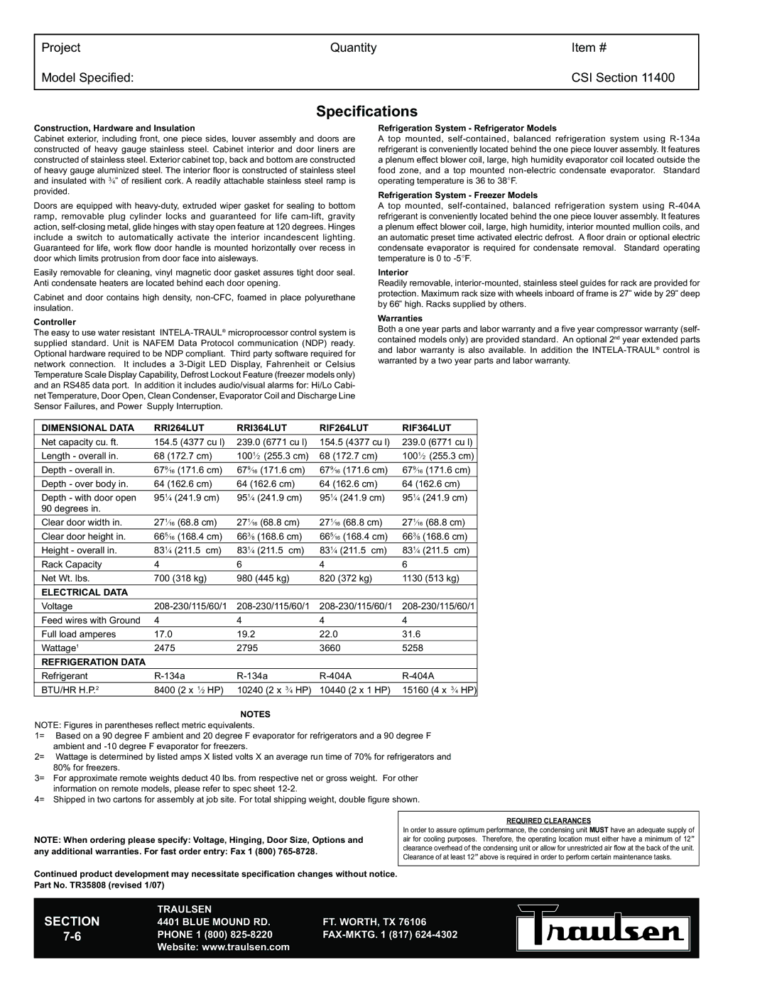 Traulsen RR1264LUT-FHS warranty Specifications 